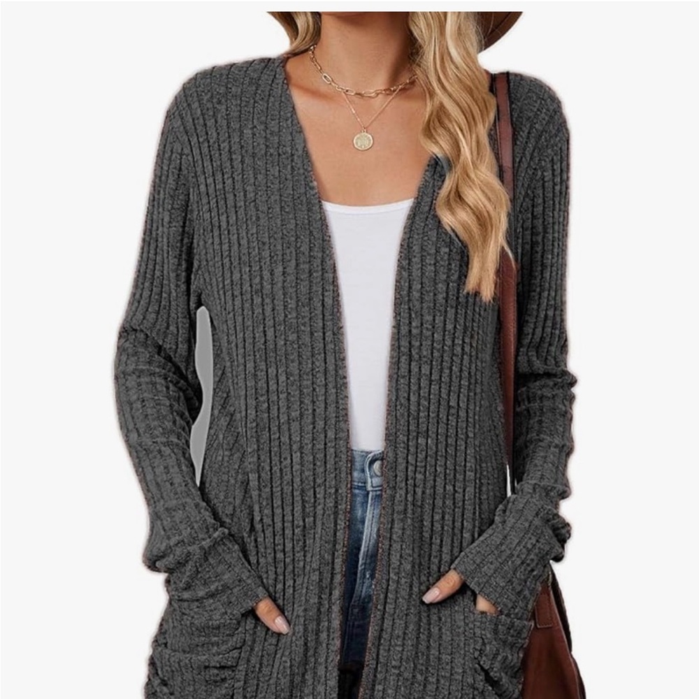 Women’s Open-Front Ribbed Cardigan Sweater - Charcoal Gray